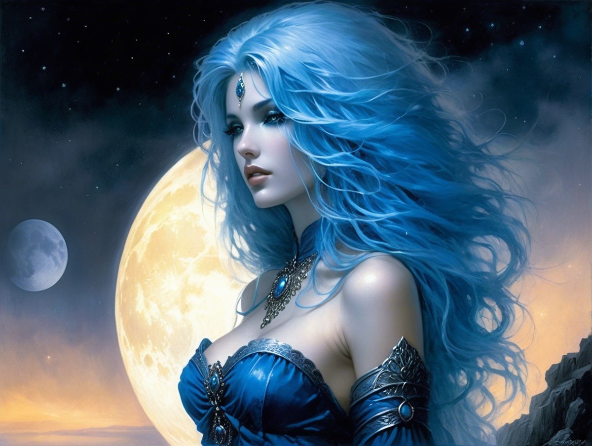 Elegant figure in gown under glowing moonlit sky