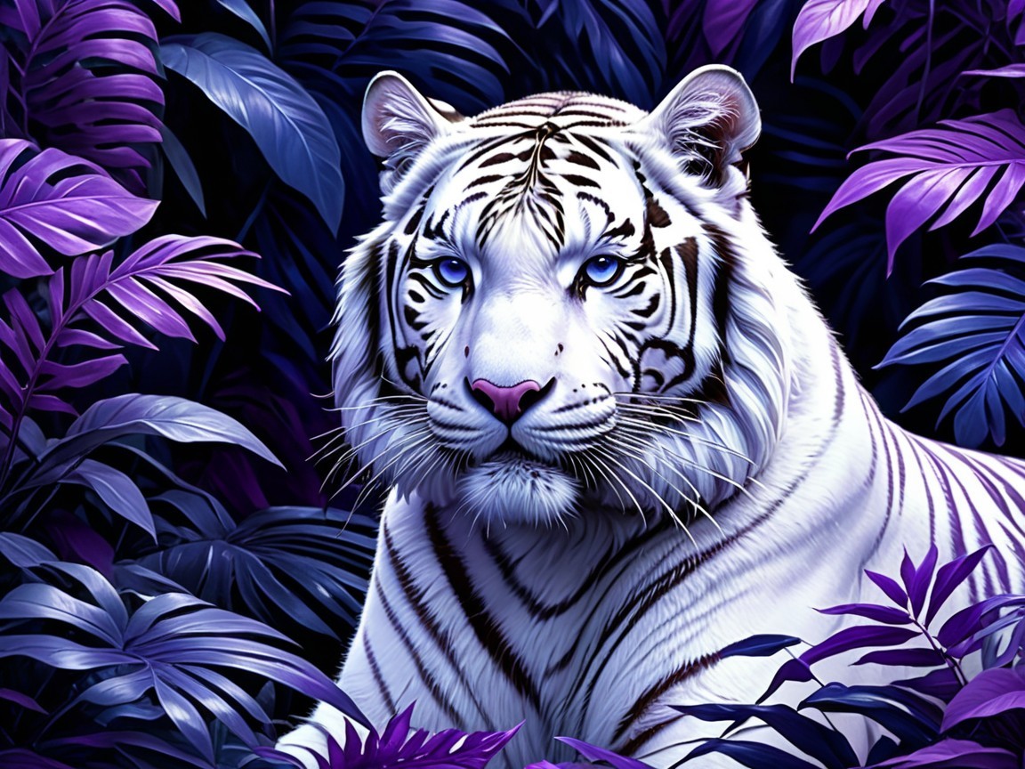White Tiger in Jungle with Purple Leaves and Blue Eyes