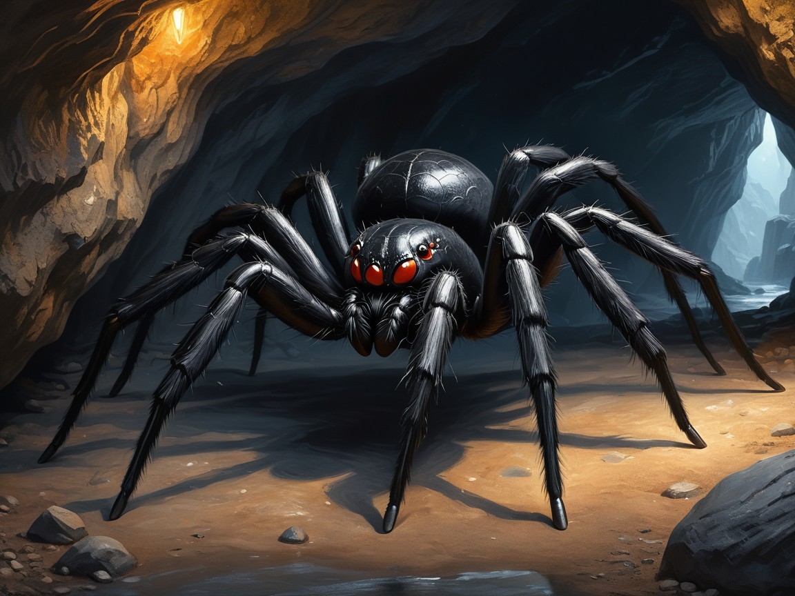 Black Spider with Red Eyes in Dim Cave Setting