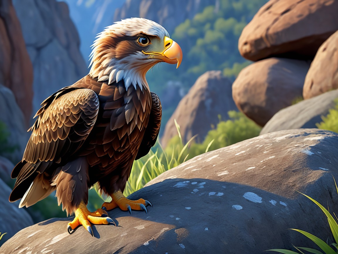 Majestic eagle on a rock in a mountainous landscape