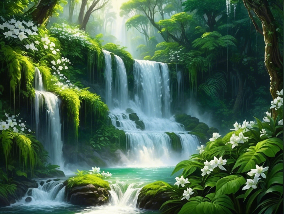 Tropical Landscape with Waterfalls and Lush Foliage