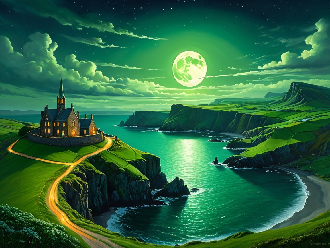 Nighttime Coastal Scene with Church and Ocean View