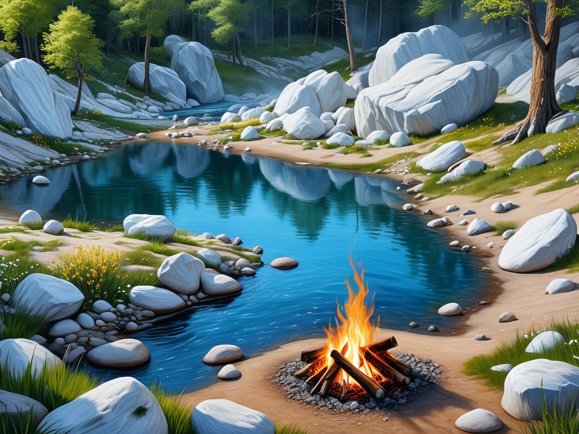 Serene Campsite by a Clear Pond Surrounded by Nature