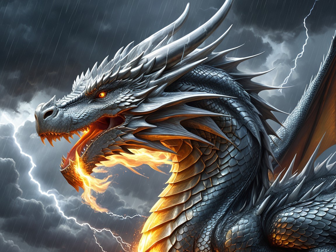 Silver dragon breathing fire in a stormy sky