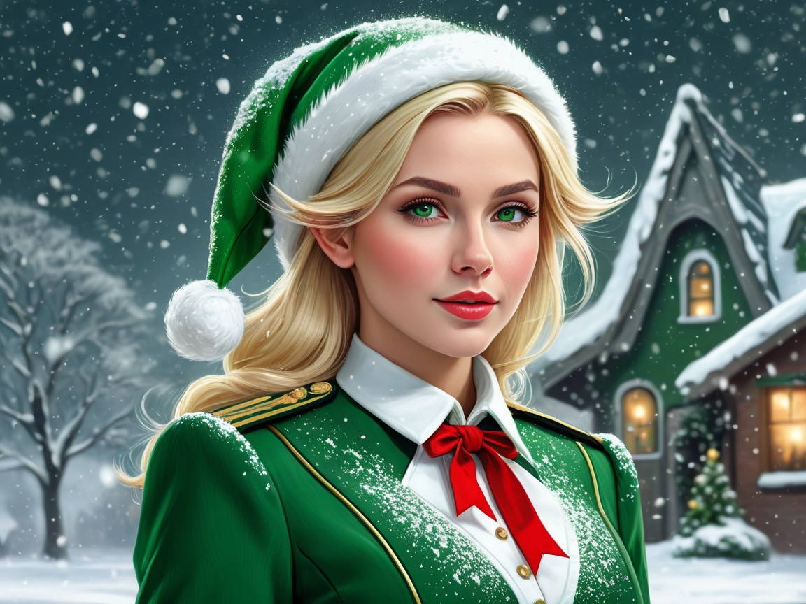 Blonde Woman in Festive Elf Hat in Snowy Landscape