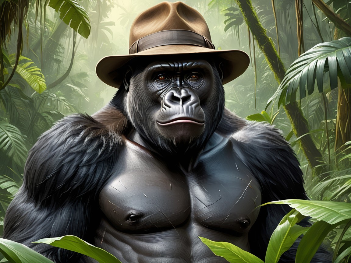 Muscular Gorilla in Jungle with Brown Hat and Foliage