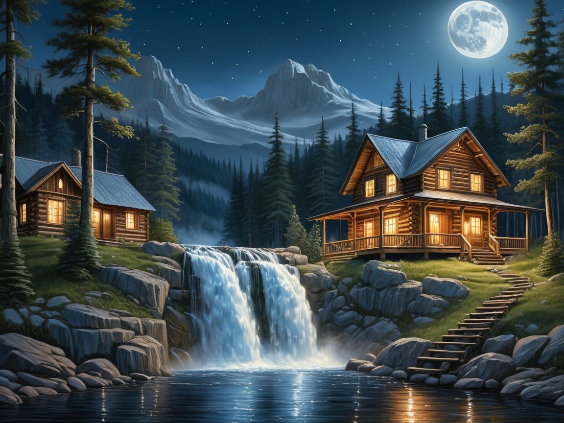 Serene Night Scene with Log Cabins and Waterfall