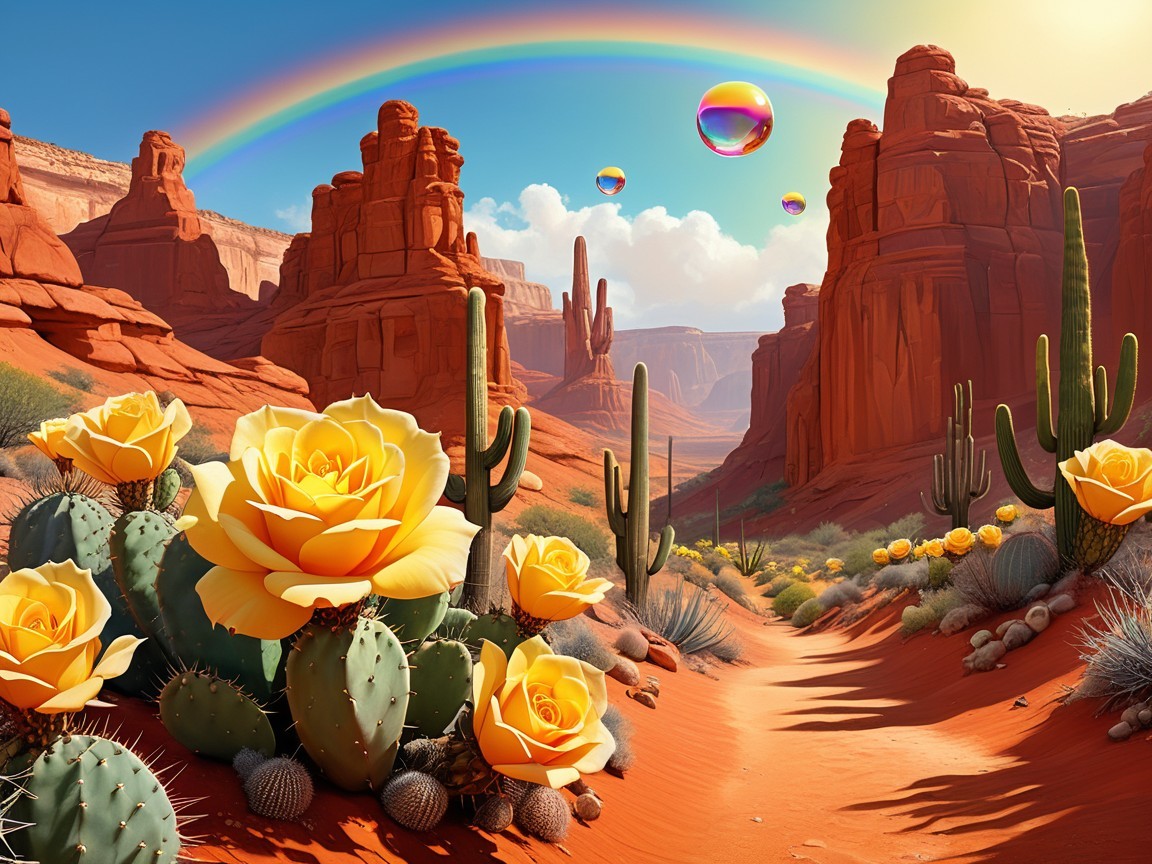 Vibrant Desert Scene with Red Rocks and Rainbow