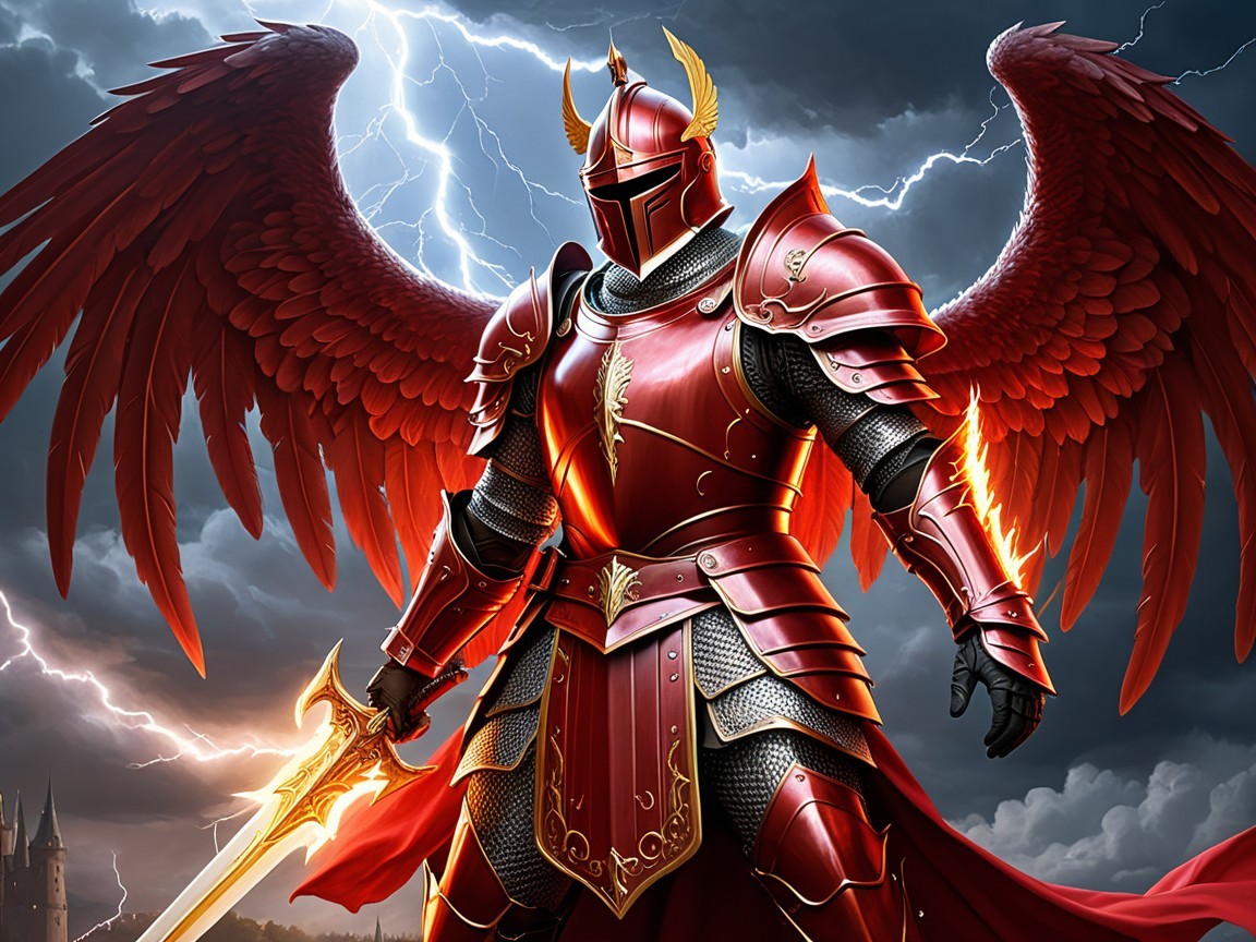 Knight in Red Armor with Golden Wings and Sword
