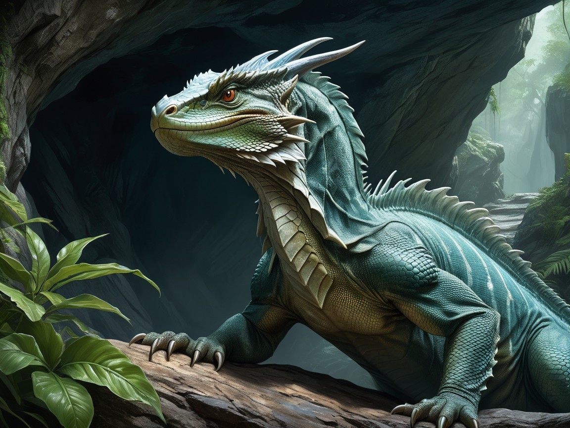 Majestic dragon resting in a lush green cave