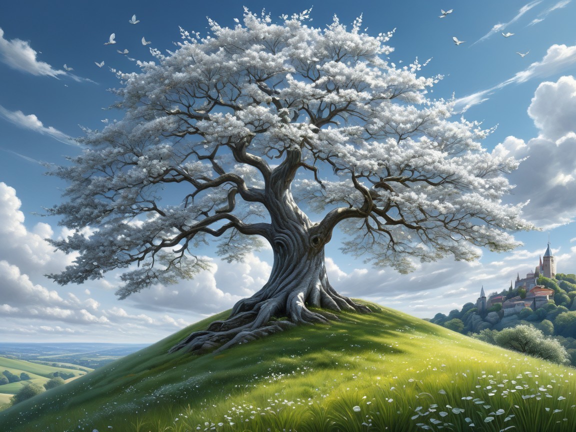 Majestic white tree on hill with vibrant meadow and village