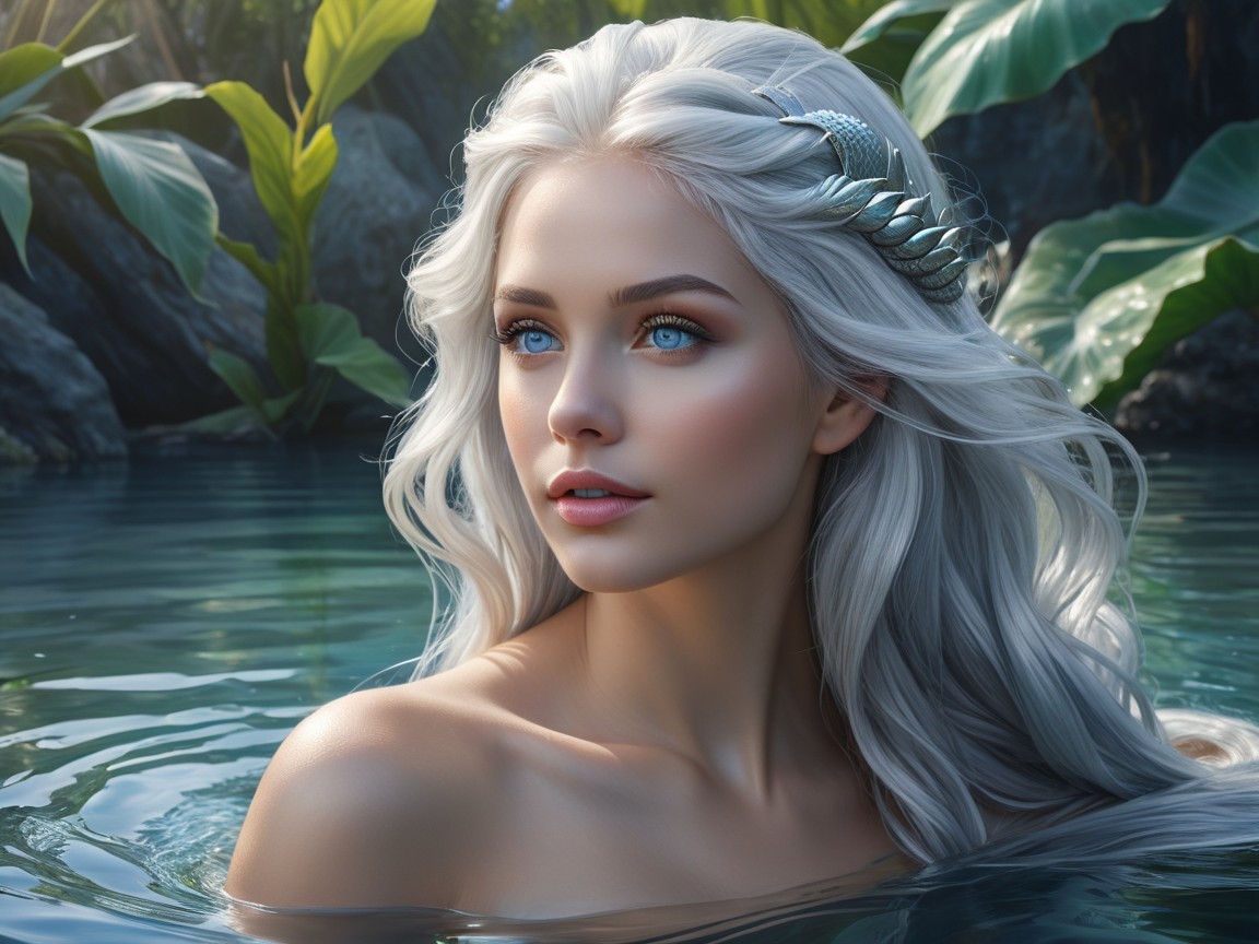 Young Woman with Silver Hair in Tranquil Pool Scene