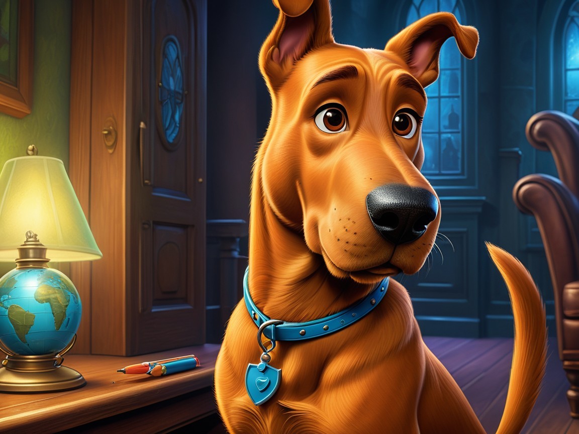 Animated dog in cozy room with warm atmosphere