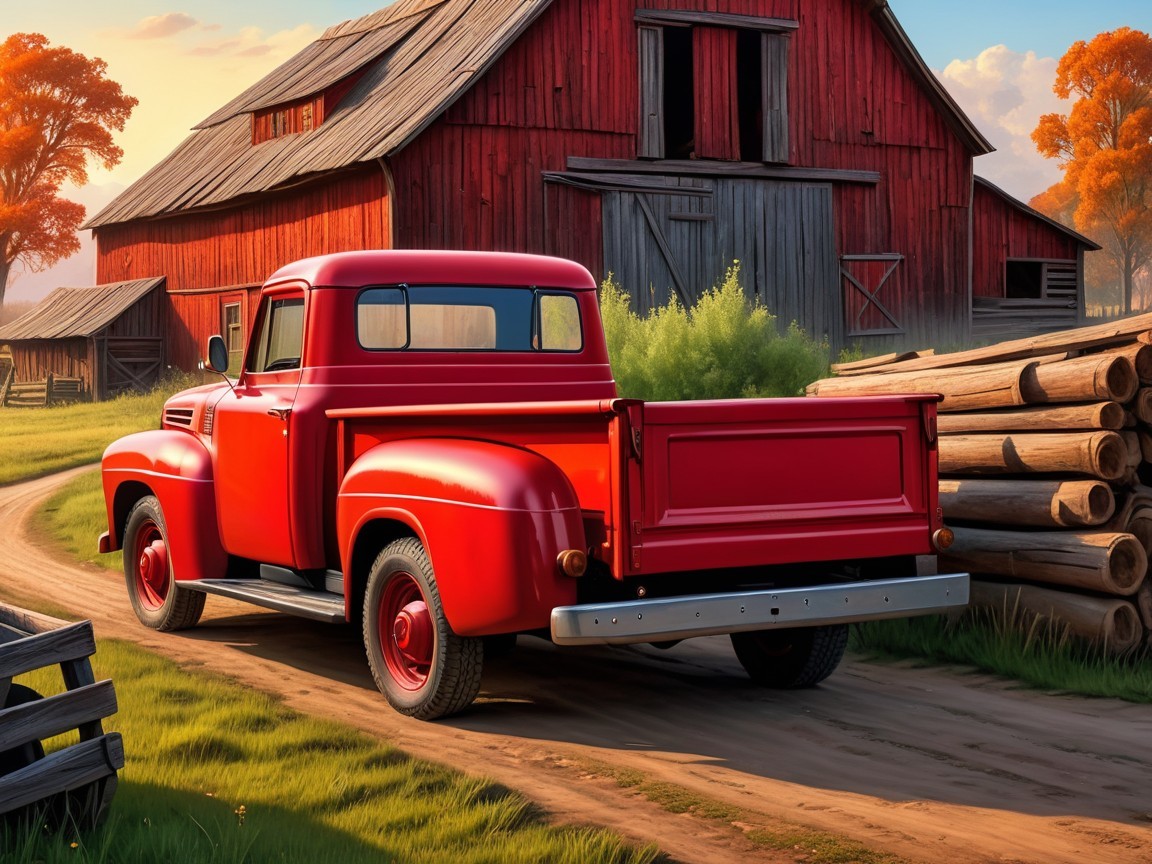 Vintage Red Truck Near Rustic Barn in Countryside