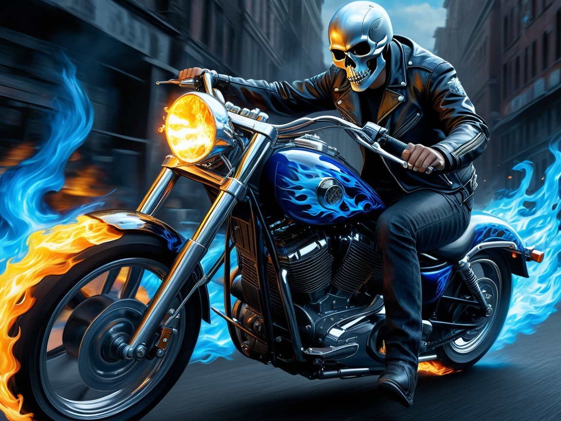 Fiery Motorcycle Rider in Gritty Urban Landscape