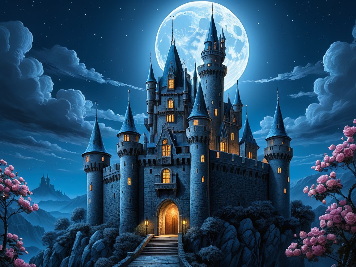 Castle at Night with Moon and Cherry Blossoms