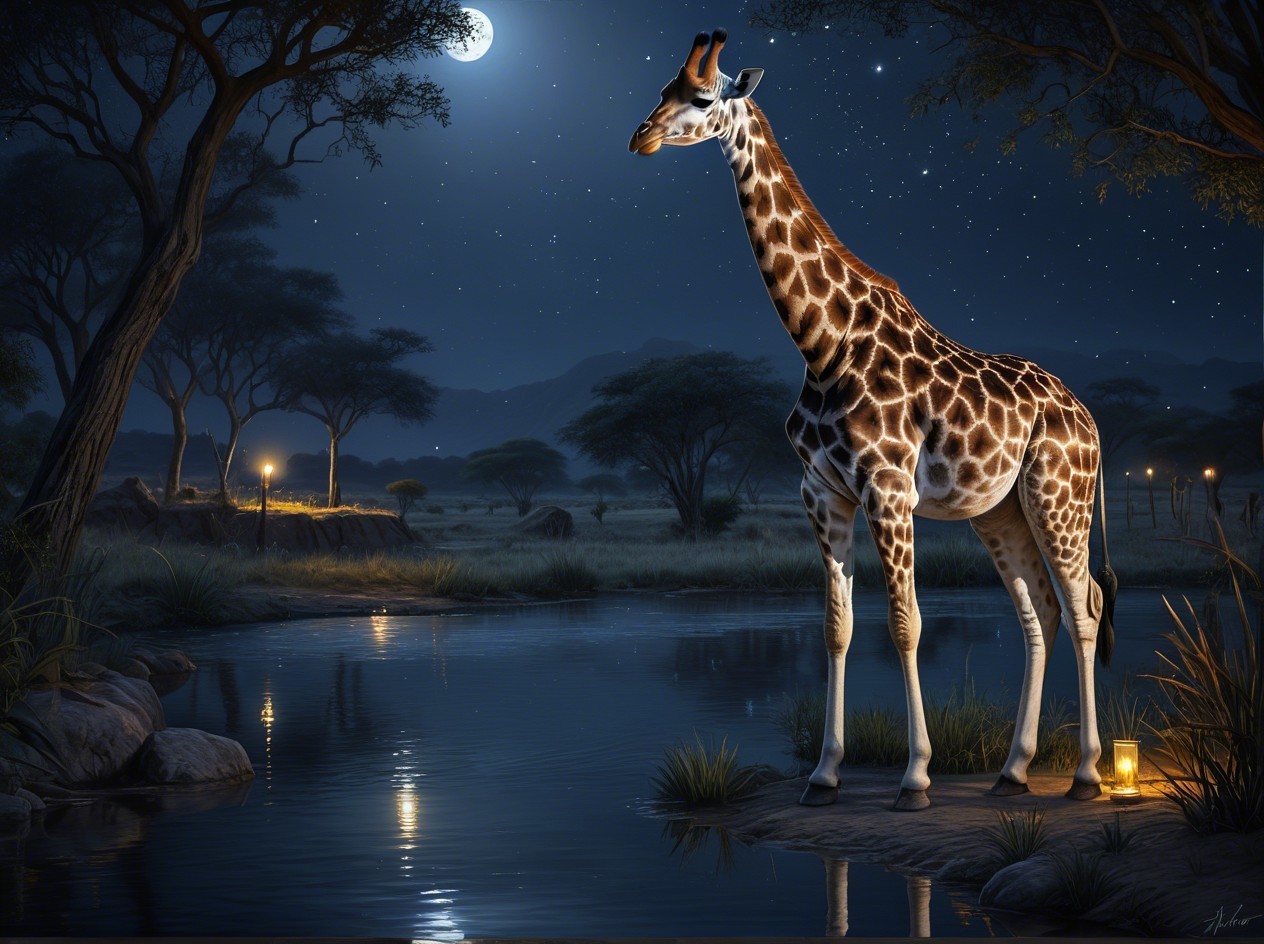 Night-time Savanna Scene with Giraffe and Moonlight