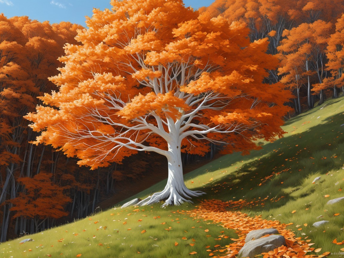 White Tree with Orange Leaves on Grassy Hill in Autumn