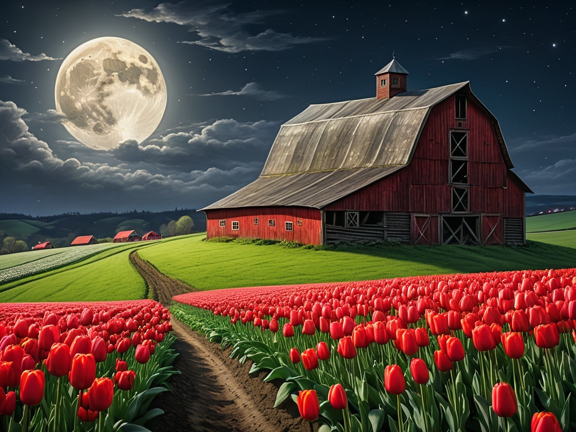 Full Moon Over Rural Landscape with Tulips and Barn