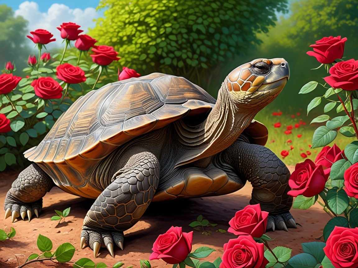 Tortoise in a Vibrant Garden of Red Roses