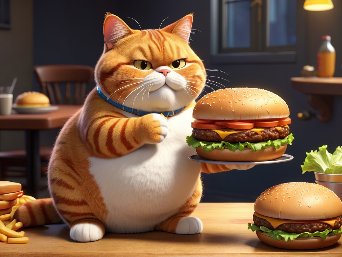 Cartoon Orange Tabby Cat with Cheeseburger and Fries
