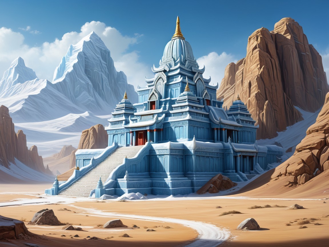 Majestic temple in desert with mountains and blue-gray architecture