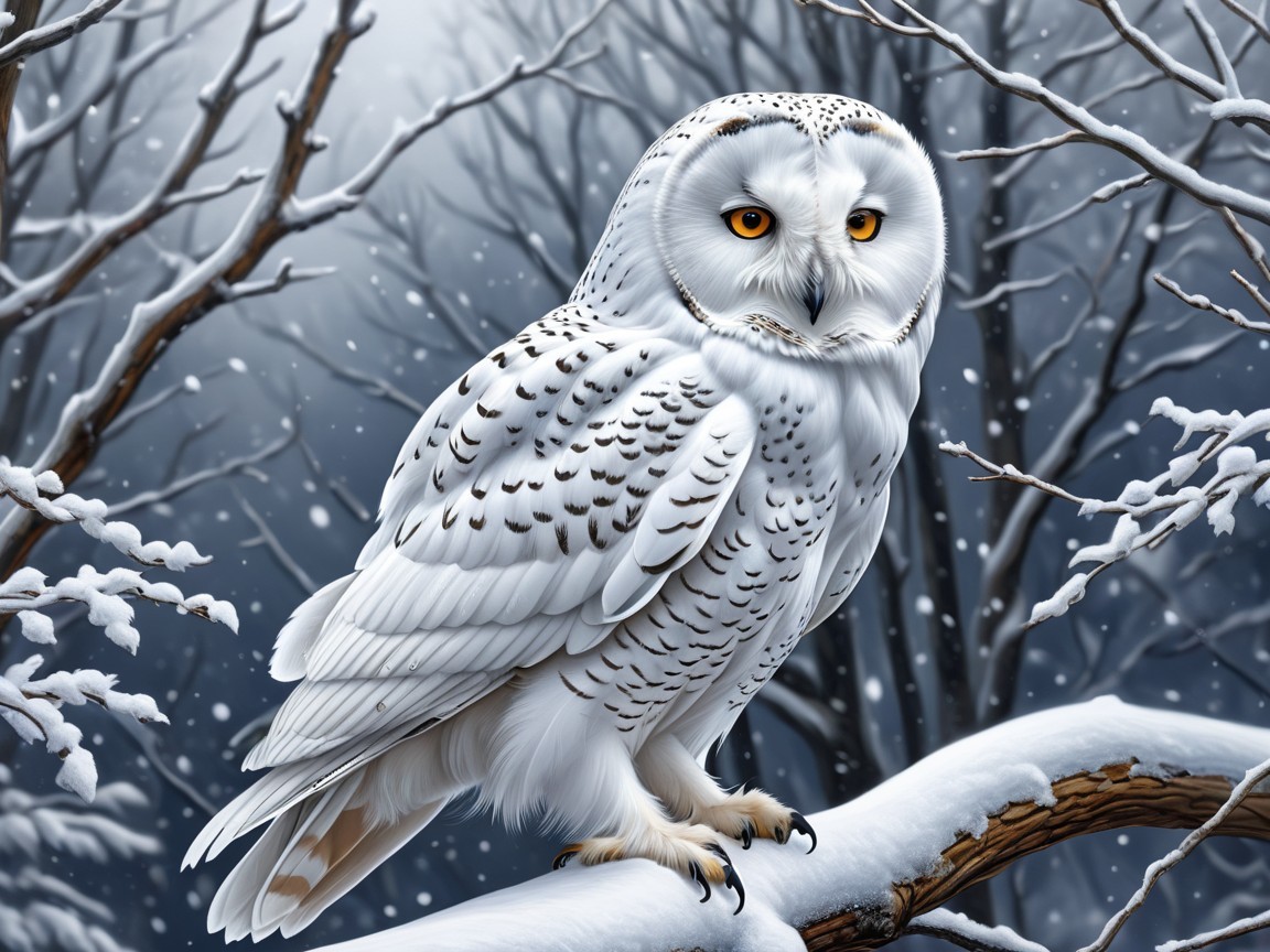 Snowy Owl on Branch in Winter Landscape