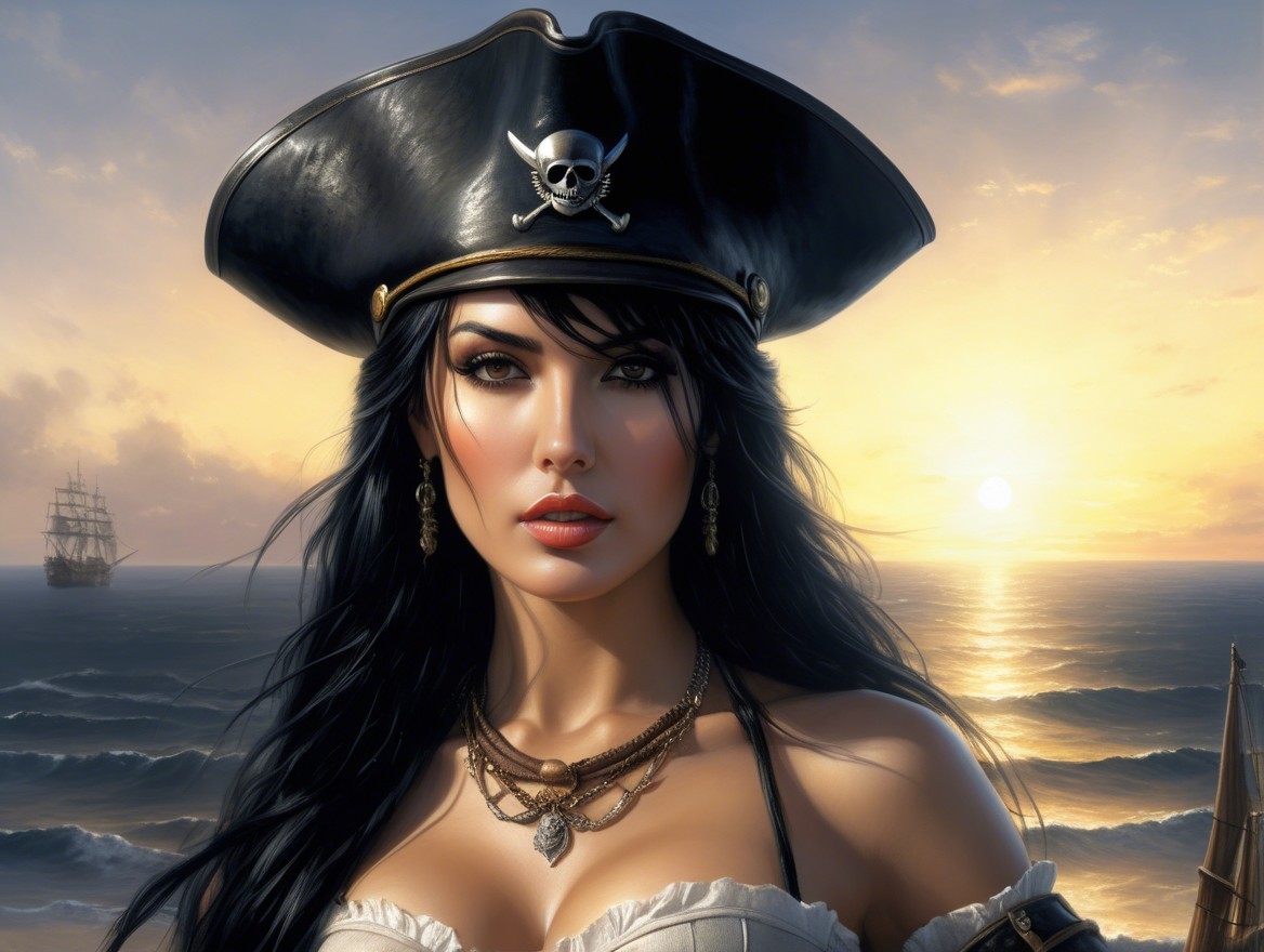 Fierce Pirate Woman Against Sunset with Ship in Distance