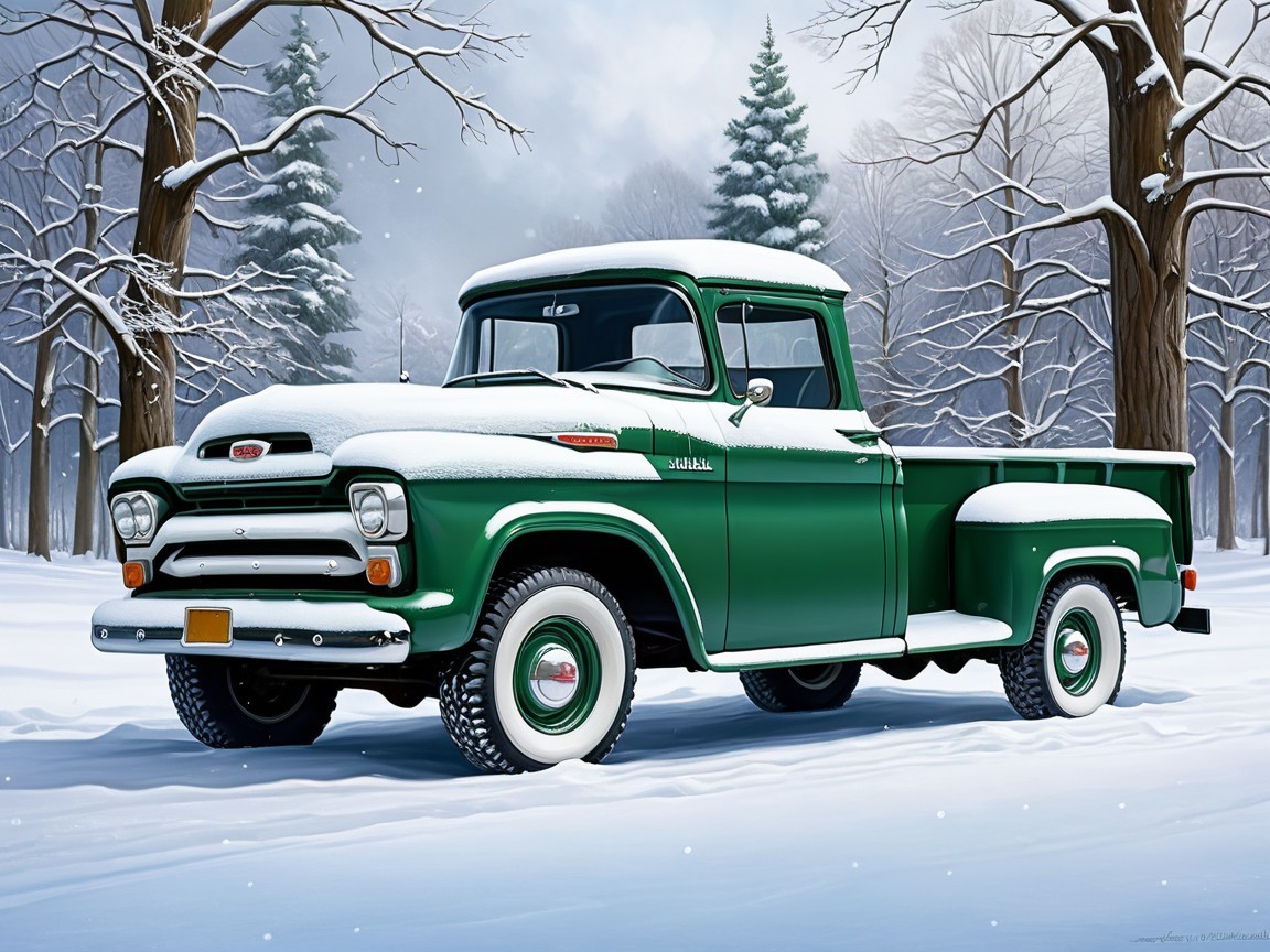 Classic Green Truck in Snowy Winter Landscape