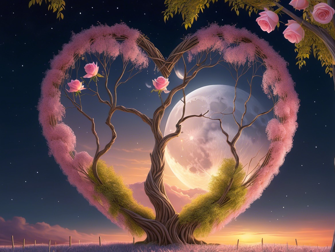 Heart-Shaped Trees with Blossoms Under Twilight Sky