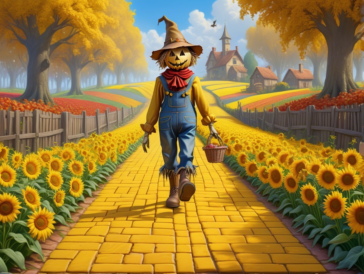 Cheerful scarecrow on yellow brick road with sunflowers