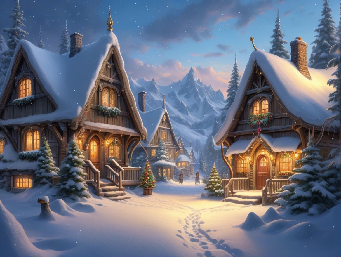 Winter Village Scene with Wooden Houses at Sunset