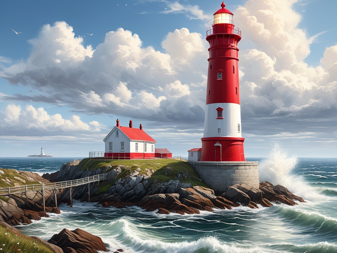 Vibrant Red and White Lighthouse on Rocky Shores