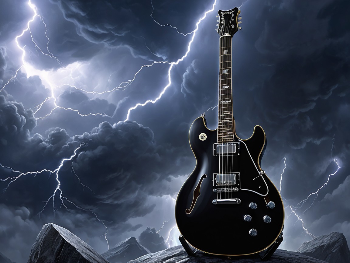 Electric Guitar Against Stormy Clouds and Lightning
