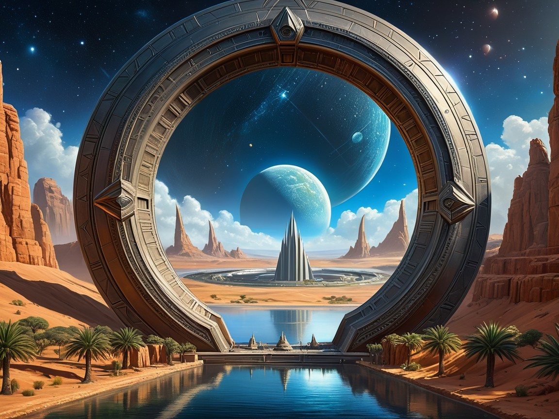Intricate Portal in a Desert Sci-Fi Landscape