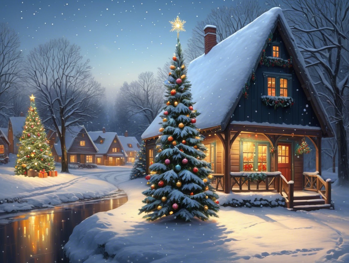 Cozy Winter Scene with Festive Lights and Snow