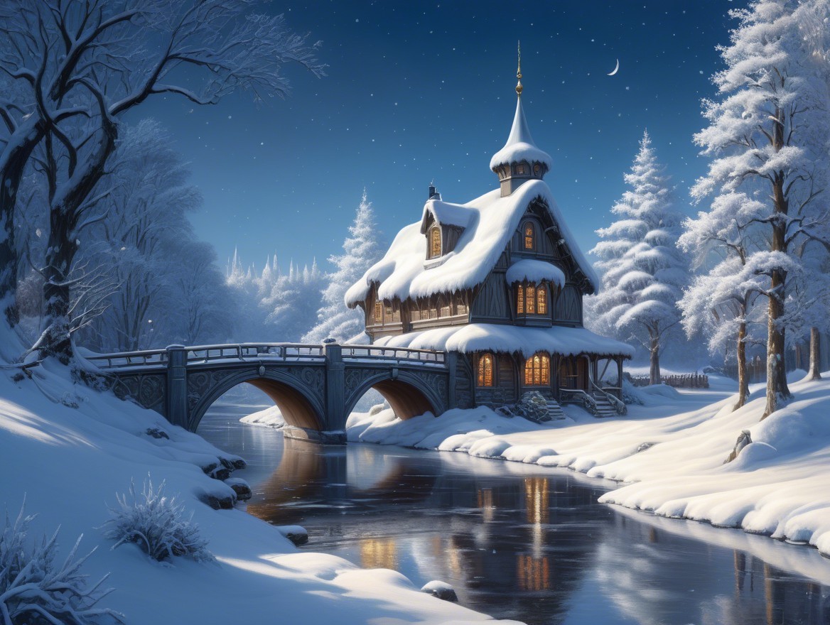 Snow-Covered House by Serene River in Winter Landscape