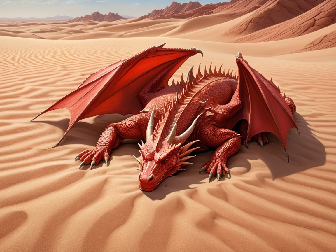 Red Dragon in Desert Landscape with Mountains