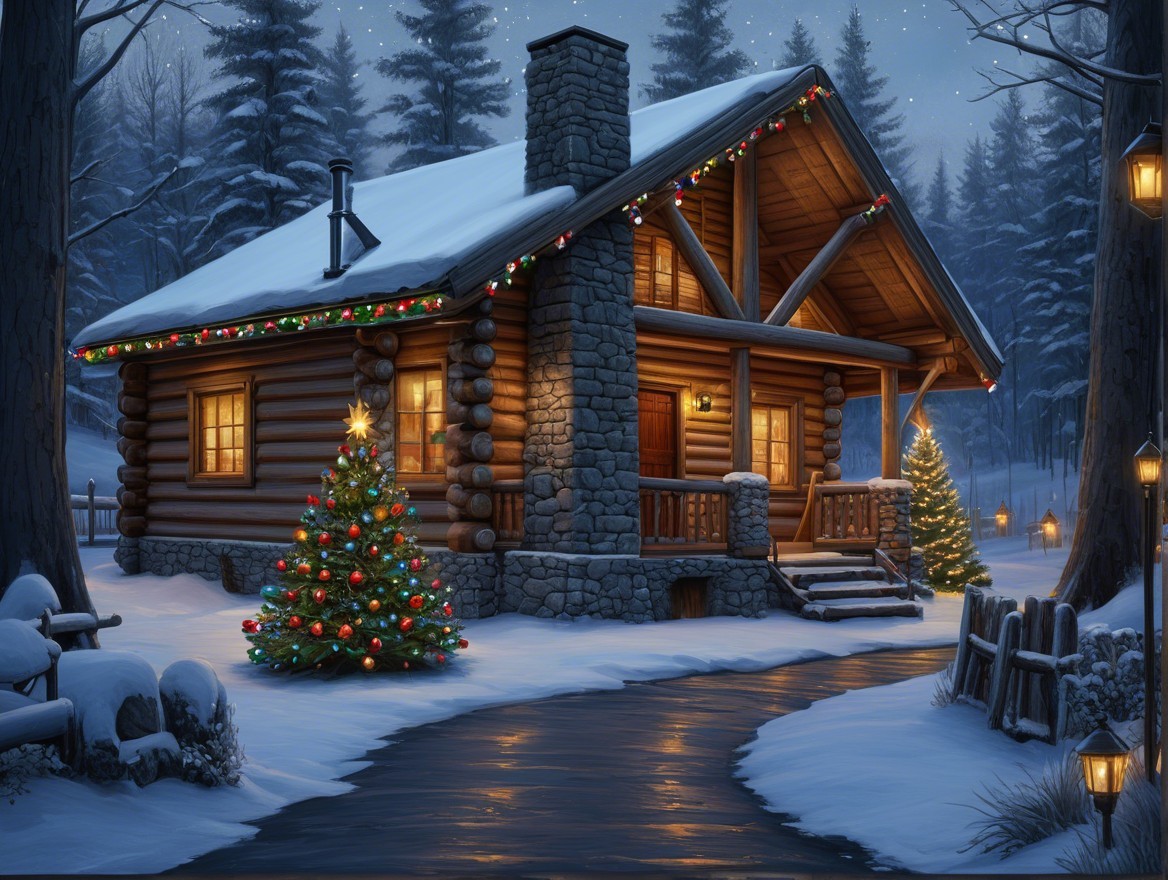 Log Cabin in Snowy Landscape with Christmas Lights