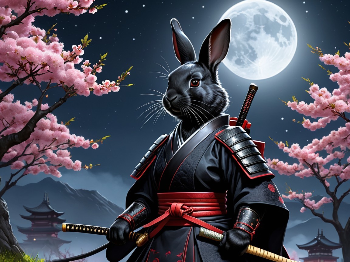 Samurai Rabbit in Moonlit Cherry Blossom Landscape