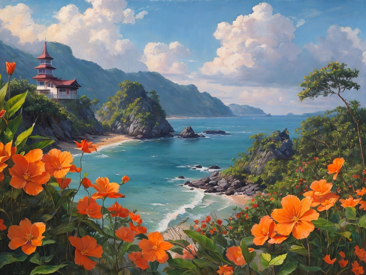 Serene Coastal Landscape with Vibrant Blossoms and Mountains