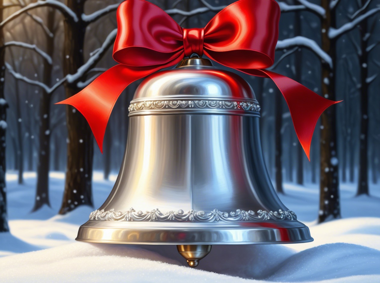 Silver Christmas Bell on Snowy Winter Day