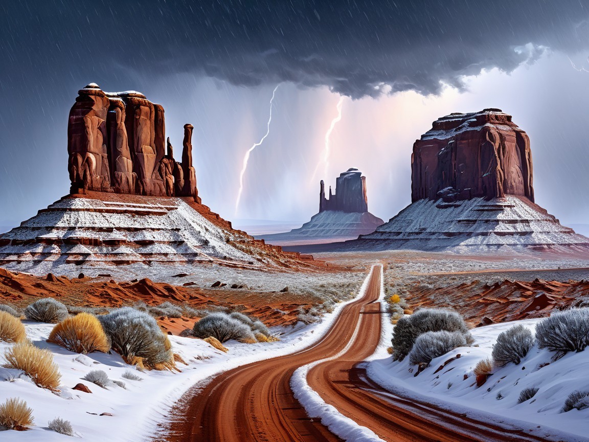 Dramatic Desert Landscape with Red Rocks and Lightning