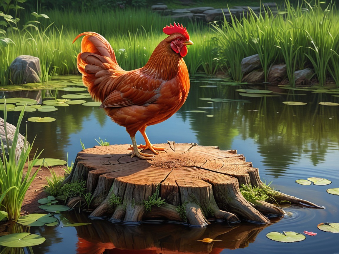 Vibrant Orange Rooster on Tree Stump by Tranquil Pond