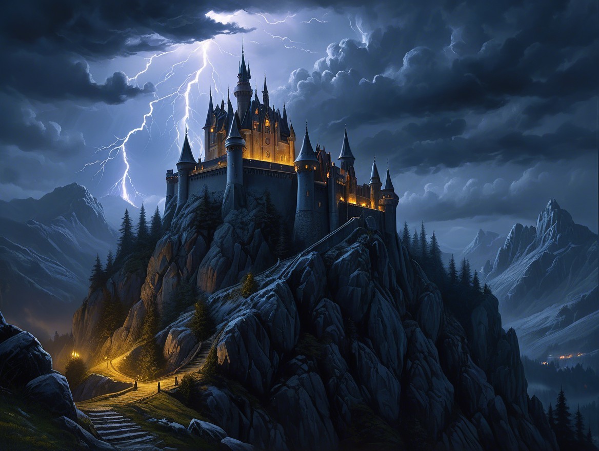 Castle on a Cliff Under Stormy Sky with Lightning
