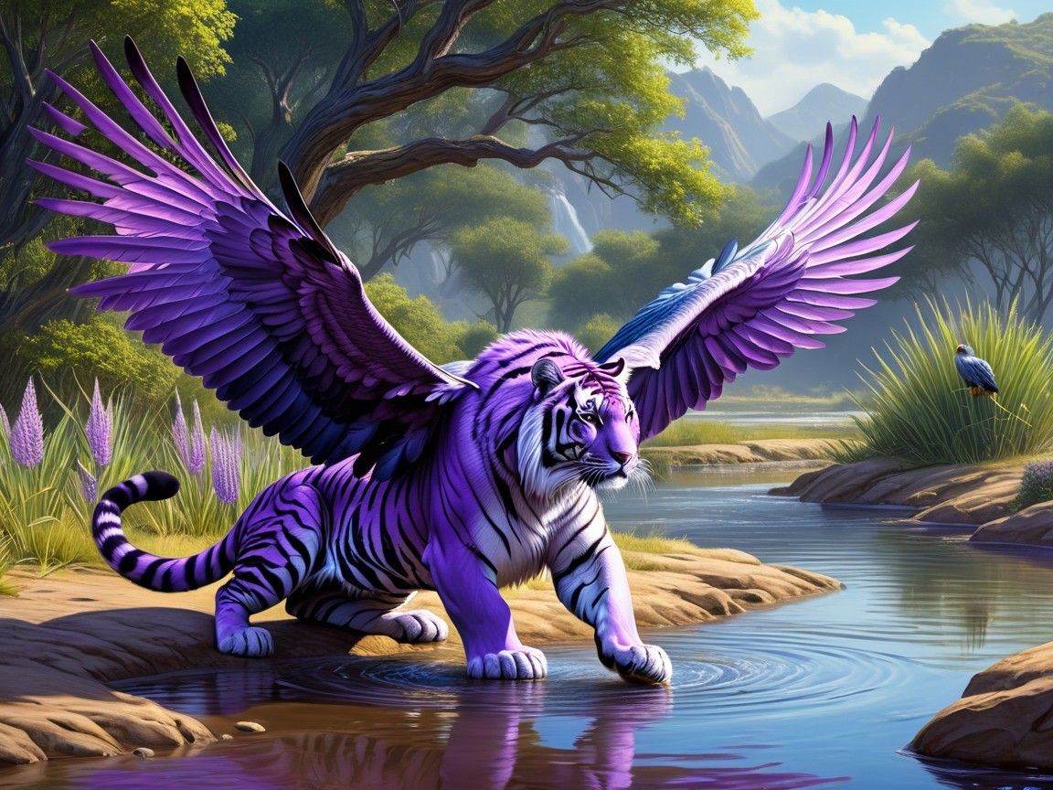 Purple-Striped Tiger with Wings in Serene Landscape