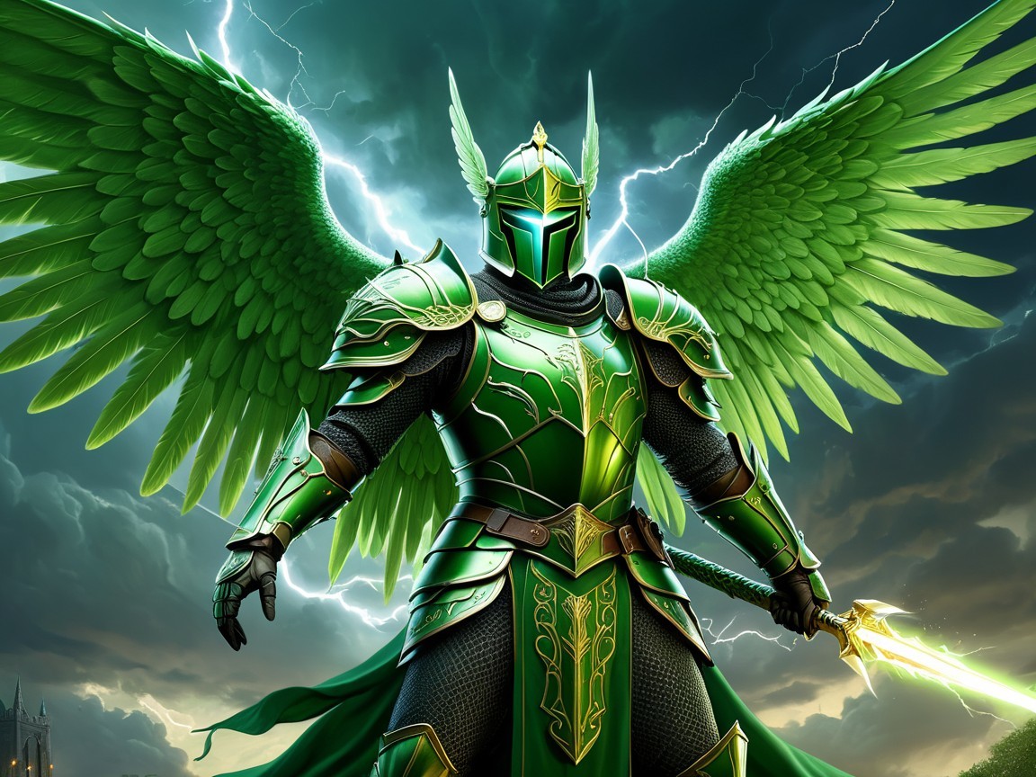 Armored warrior with green wings and glowing sword