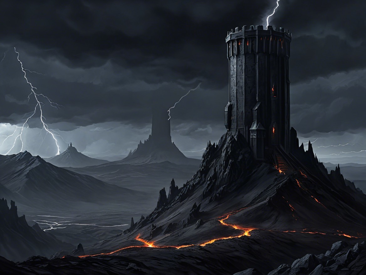 Foreboding tower in a dark, volcanic landscape