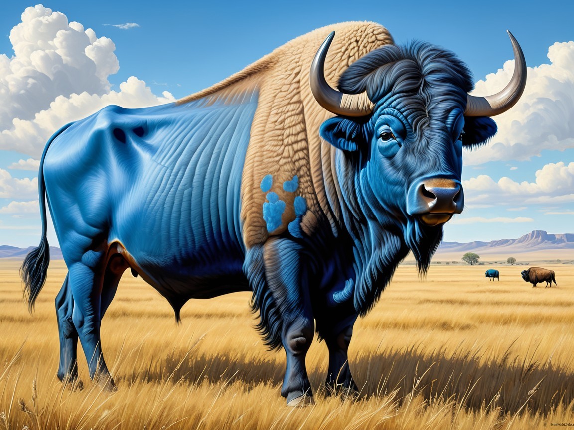 Blue Bull on Golden Plain with Grazing Bison