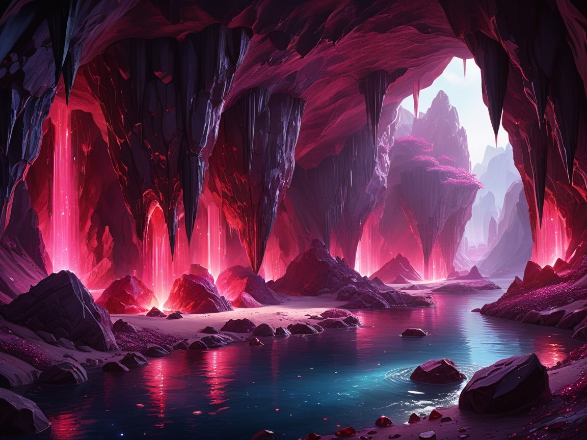 Fantastical Cave with Stalactites and Glowing Trees